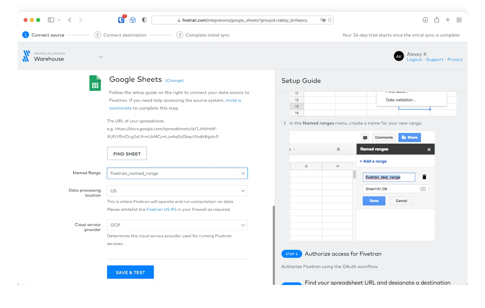 Google Sheets connector setup screen in Fivetran’s web interface.