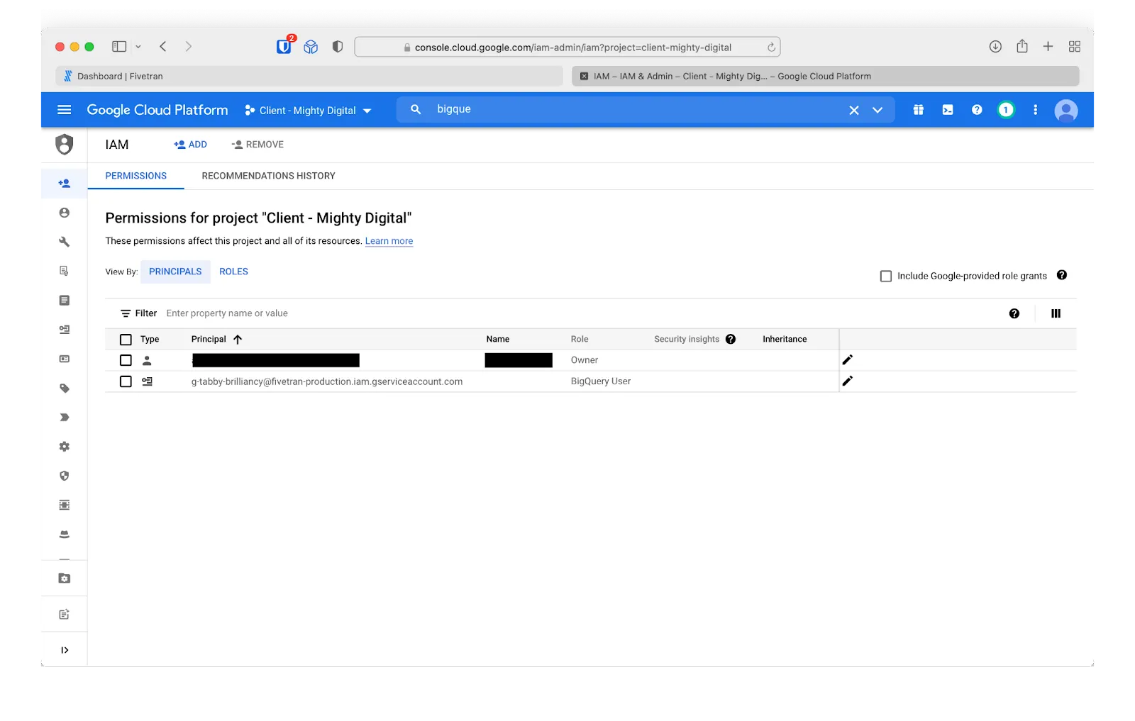 Adding BigQuery user permissions to the Fivetran service account.