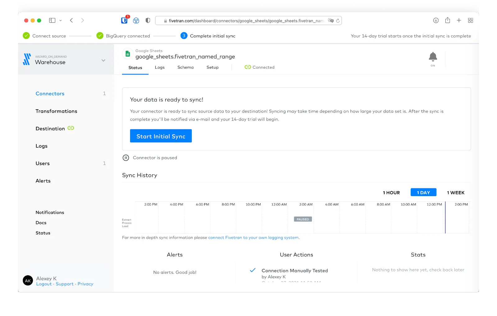 Google Sheets to BigQuery by clicking the “Start Initial Sync“ button