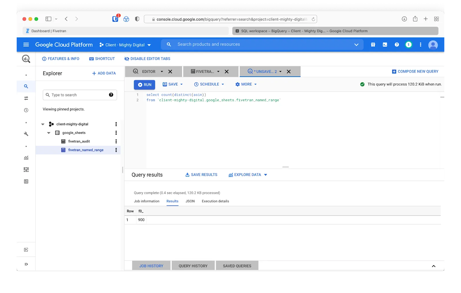 unique products in the BigQuery user interface