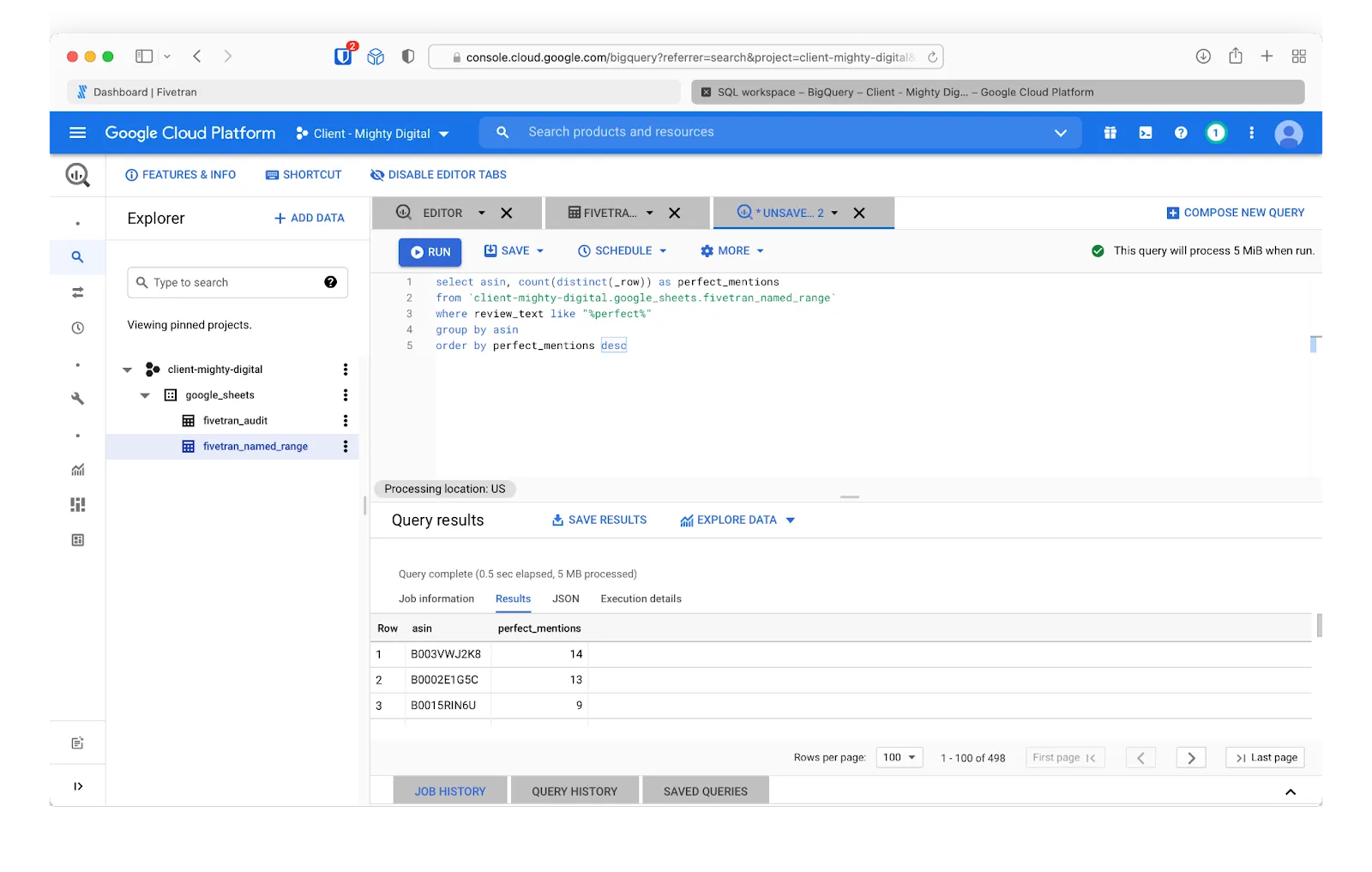 the BigQuery SQL query showing the ASIN numbers of products